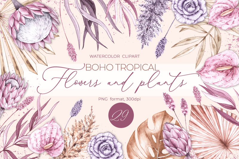 watercolor-boho-tropical-flowers-and-plants-clipar-pngt