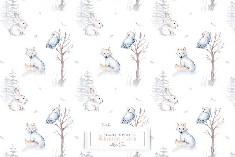 watercolor-snowy-owls-arctic-fox-ferns-seamless-pattern-scrapbooking-digital-paper-set