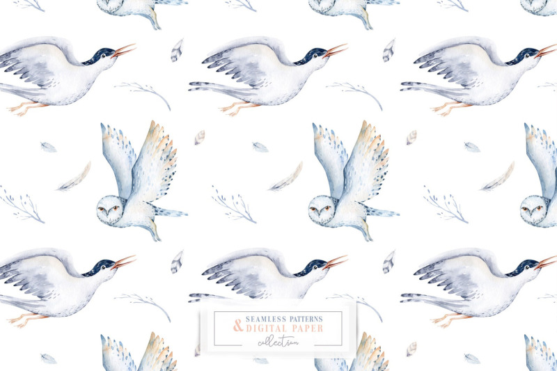 watercolor-snowy-owls-arctic-fox-ferns-seamless-pattern-scrapbooking-digital-paper-set