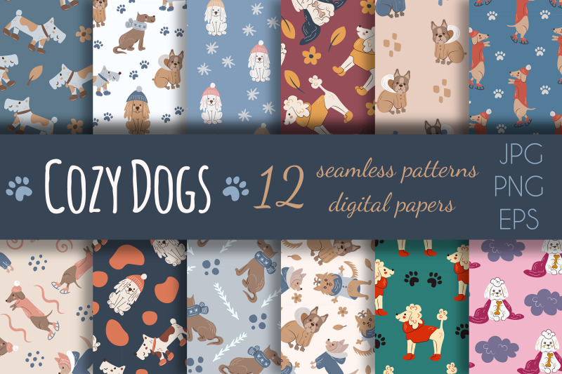 cozy-dogs-digital-papers-seamless-patterns-set