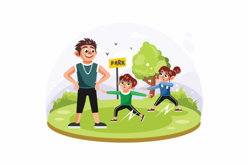 father-and-children-doing-sport-in-park-vector-illustration