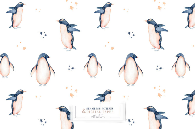 watercolor-penguin-seamless-patterns-set-penguins-seal-snowflakes
