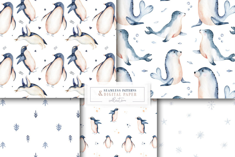 watercolor-penguin-seamless-patterns-set-penguins-seal-snowflakes