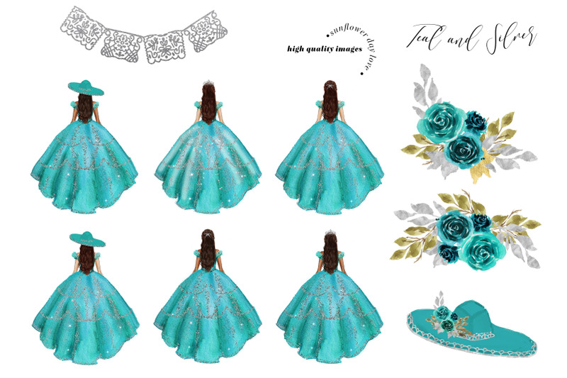 elegant-teal-and-silver-princess-dress-clipart-teal-silver-flowers