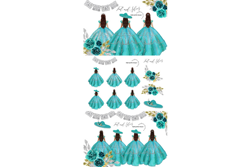 elegant-teal-and-silver-princess-dress-clipart-teal-silver-flowers