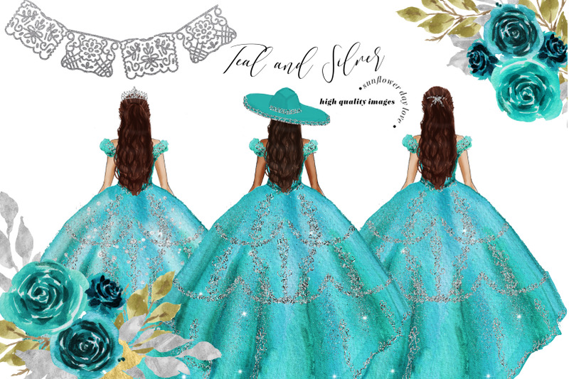 elegant-teal-and-silver-princess-dress-clipart-teal-silver-flowers