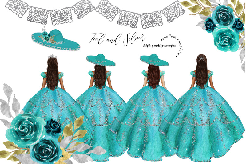 elegant-teal-and-silver-princess-dress-clipart-teal-silver-flowers