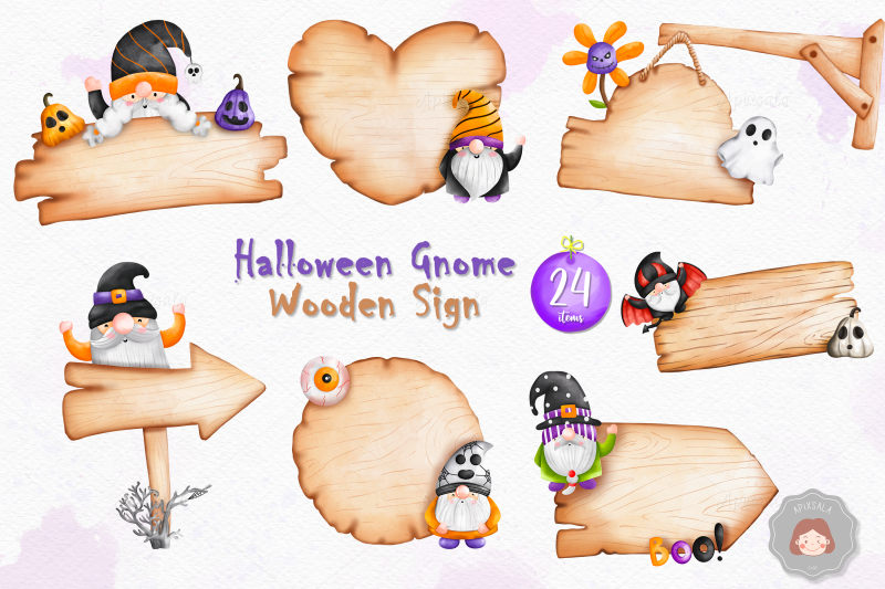 halloween-gnome-wooden-sign-clipart-watercolor-gnome-illustration-b