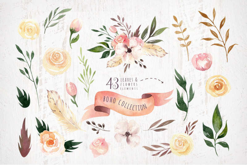 watercolor-boho-flowers-amp-feathers-wedding-digital-clip-art-png