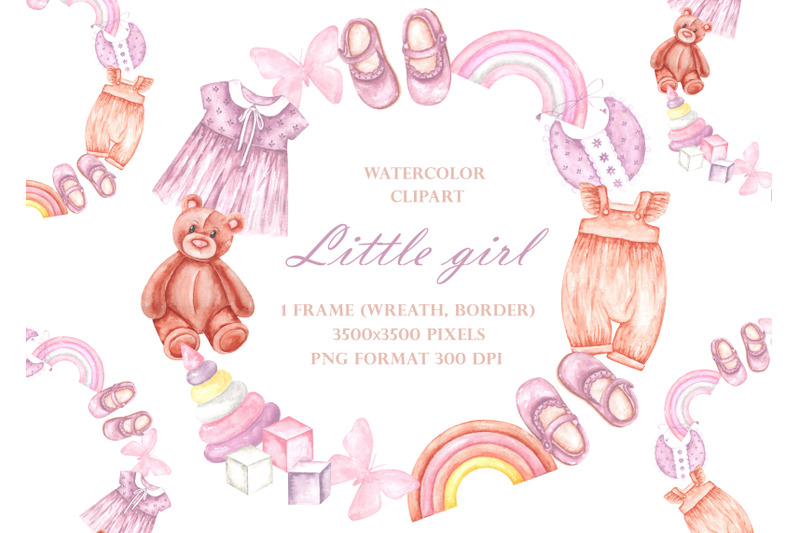 baby-girl-watercolor-wreath-frame-watercolor-clipart-little-girl
