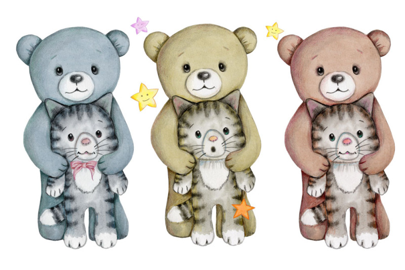 three-cute-cartoon-teddy-bears-with-cats-watercolor-illustrations