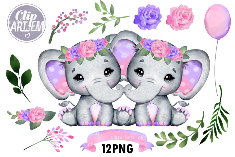 twin-elephants-pink-purple-girls-12-png-clip-art-watercolor-files
