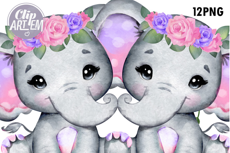 twin-elephants-pink-purple-girls-12-png-clip-art-watercolor-files