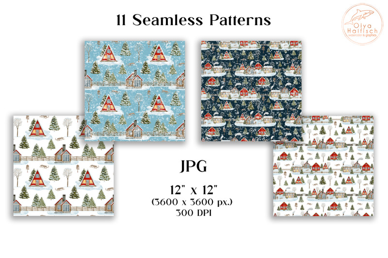 christmas-house-digital-paper-pack-watercolor-winter-seamless-pattern