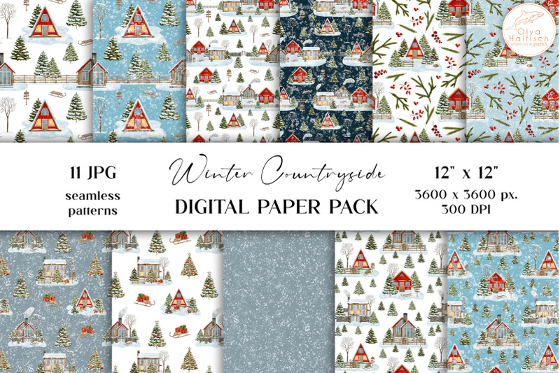 christmas-house-digital-paper-pack-watercolor-winter-seamless-pattern