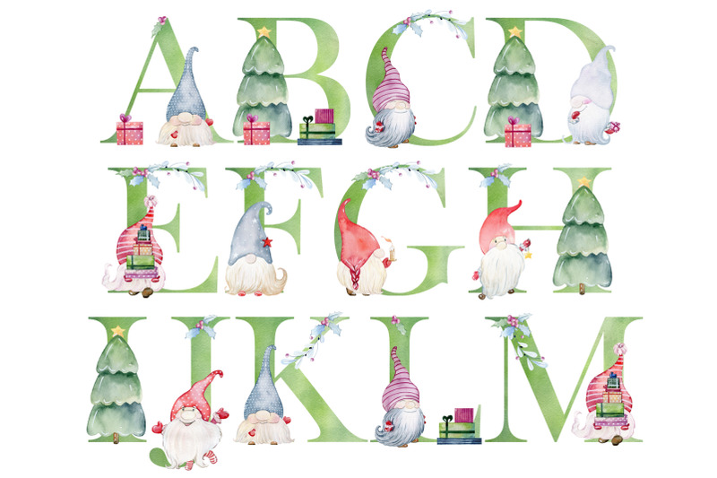 watercolor-alphabet-with-christmas-gnomes