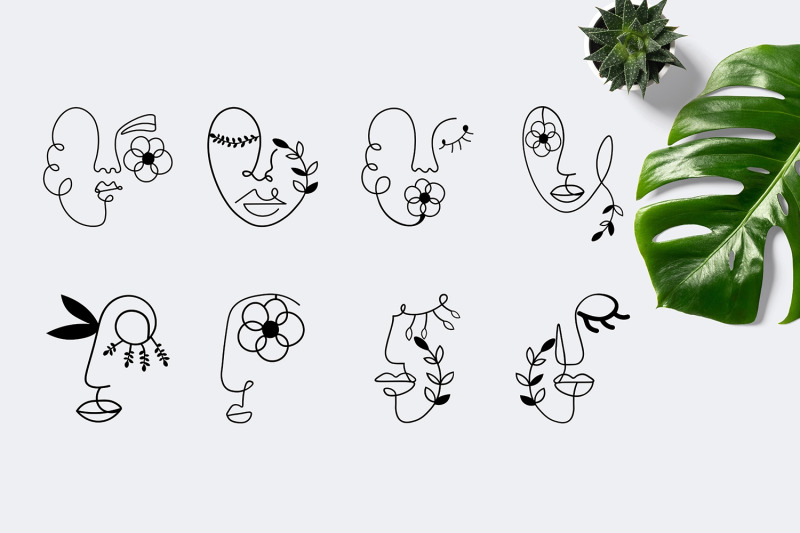 abstract-one-line-faces-botanical-faces-set