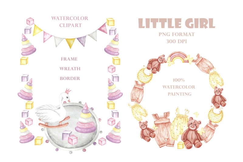 little-girl-frame-wreath-watercolor-clipart-baby-girl-clothes-toys
