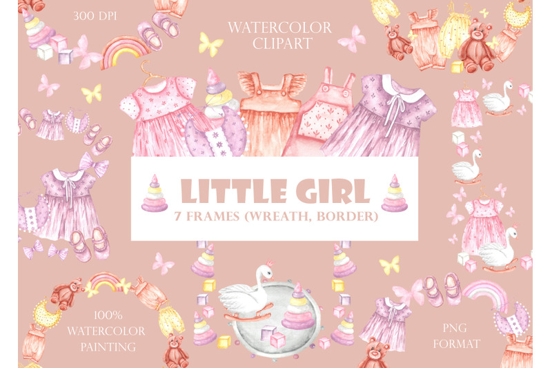 little-girl-frame-wreath-watercolor-clipart-baby-girl-clothes-toys