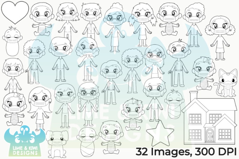 happy-families-with-face-masks-digital-stamps