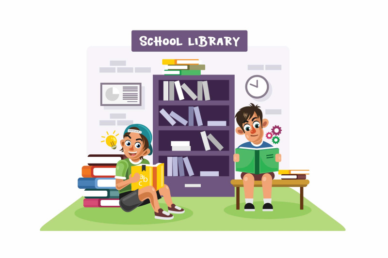 kids-reading-books-in-a-school-library-vector-illustration