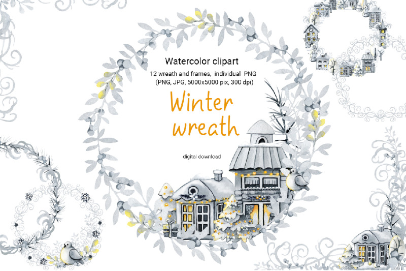 christmas-wreath-watercolor-clipart-frost-patterns-and-snow-houses