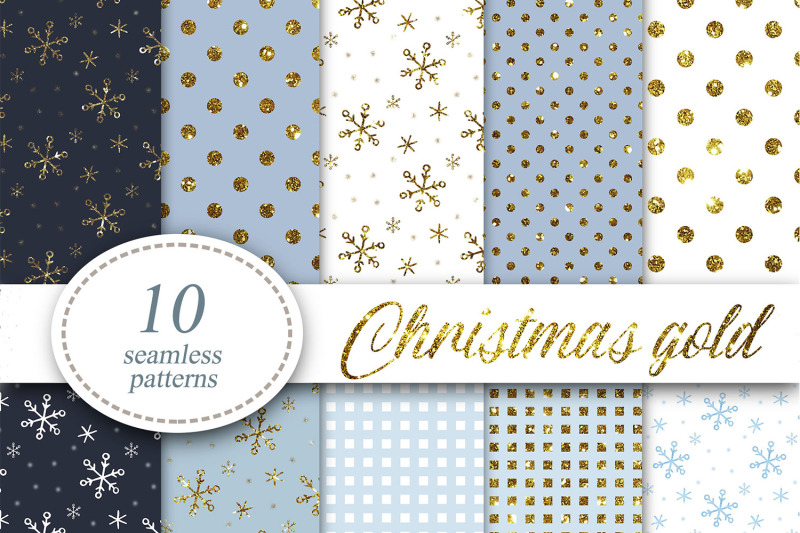 christmas-seamless-patterns-gold-snowflakes-polka-dots-digital-paper