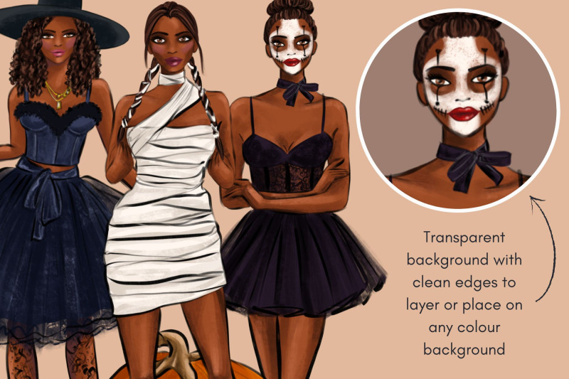 halloween-girls-dark-skin-watercolor-fashion-clipart