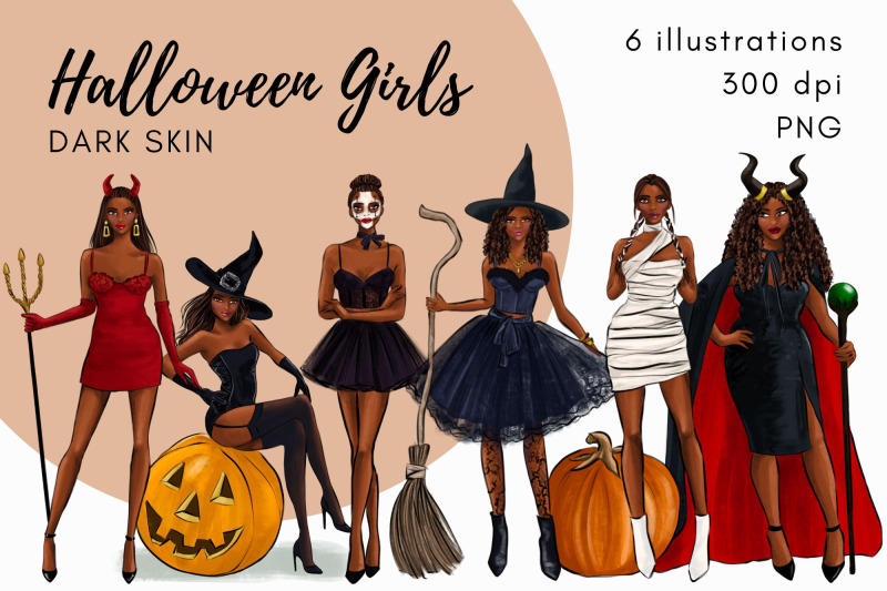 halloween-girls-dark-skin-watercolor-fashion-clipart