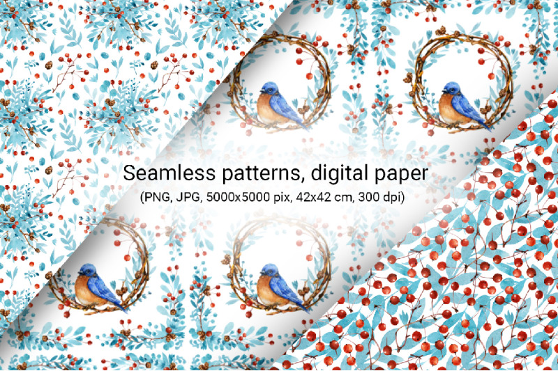 winter-blue-birds-christmas-watercolor-digital-paper-seamless-patter