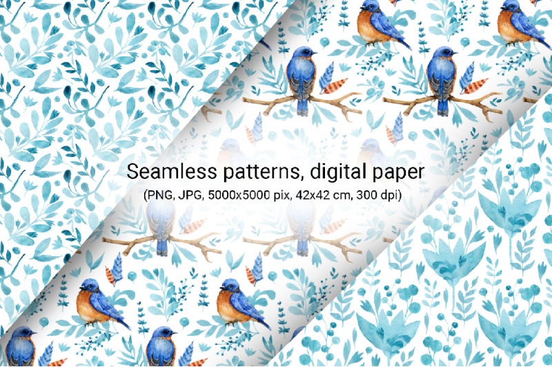 winter-blue-birds-christmas-watercolor-digital-paper-seamless-patter