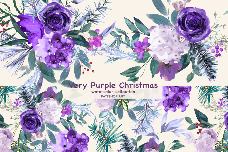 watercolor-christmas-purple-flowers-clipart-set