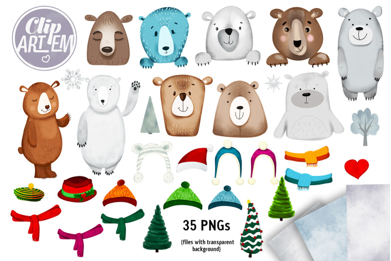 sweet-bears-clip-art-35-pngs-winter-bear-in-hats-watercolor-file