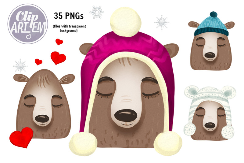 sweet-bears-clip-art-35-pngs-winter-bear-in-hats-watercolor-file