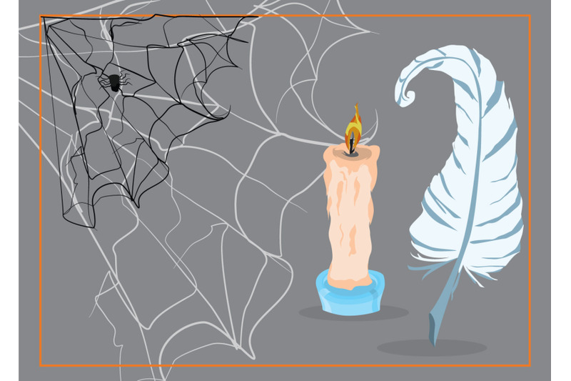halloween-elements-with-candle-with-spider-web-and-feather