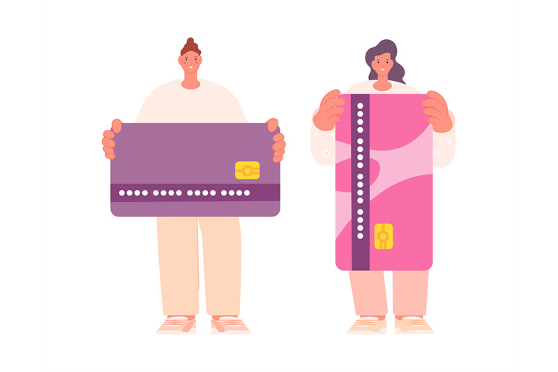 use-banking-card-people-holding-credit-or-debit-cards-cartoon-flat-m