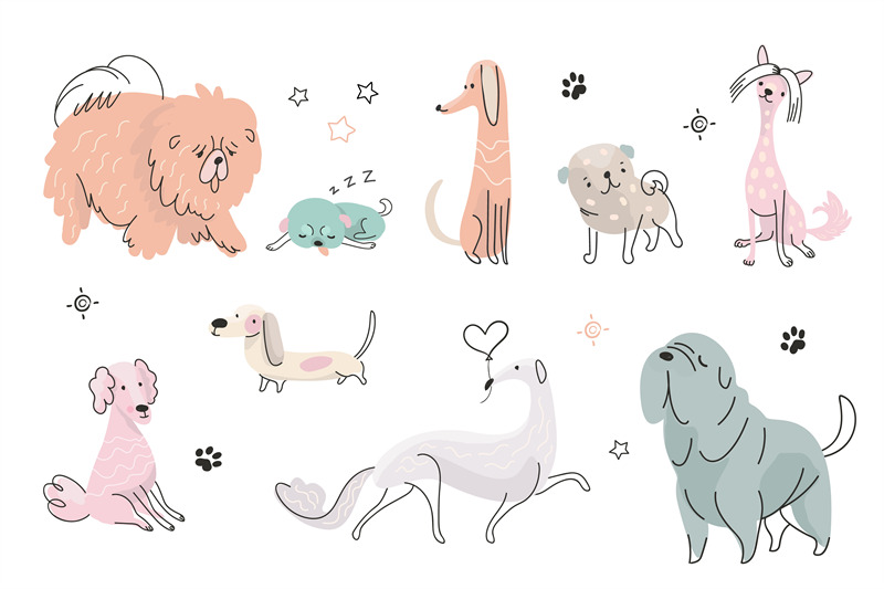 cartoon-dog-collection-pose-dogs-puppy-portrait-stickers-flat-doodl