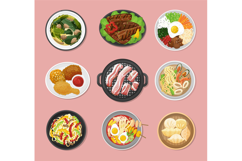 korean-food-top-view-vegetarian-dinner-lunch-meal-in-bowl-and-plates