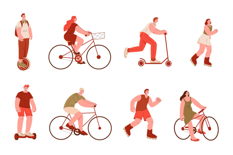 people-ride-woman-man-rides-on-bicycle-and-kick-scooter-rollers-and