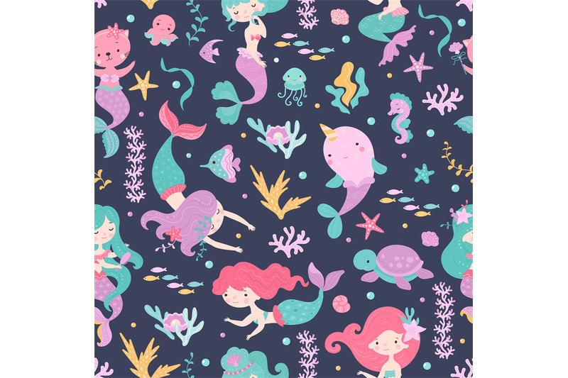 mermaid-seamless-pattern-narwhal-and-turtle-cartoon-cat-with-fish-ta