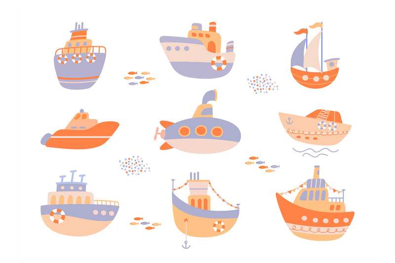 hand-drawn-baby-boats-cartoon-flat-boat-and-sailor-ship-little-subma