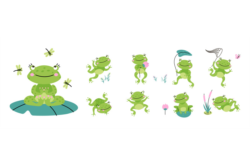 cute-green-frogs-croaking-frog-on-nature-cartoon-toad-with-lotus-and