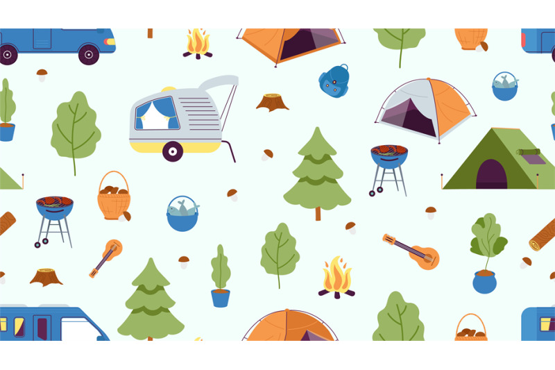 camping-seamless-pattern-camp-tent-cars-and-tree-fire-and-mushroom