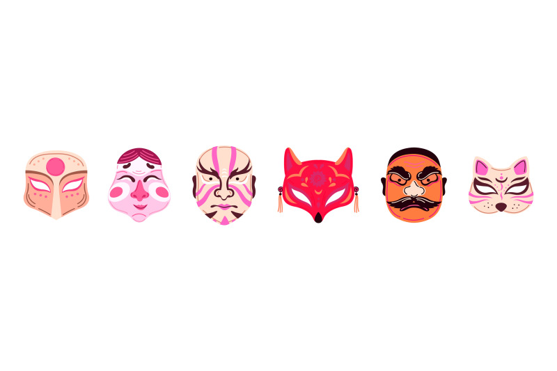 doodle-oriental-style-abstract-masks-angry-mascot-cat-and-fox-mask