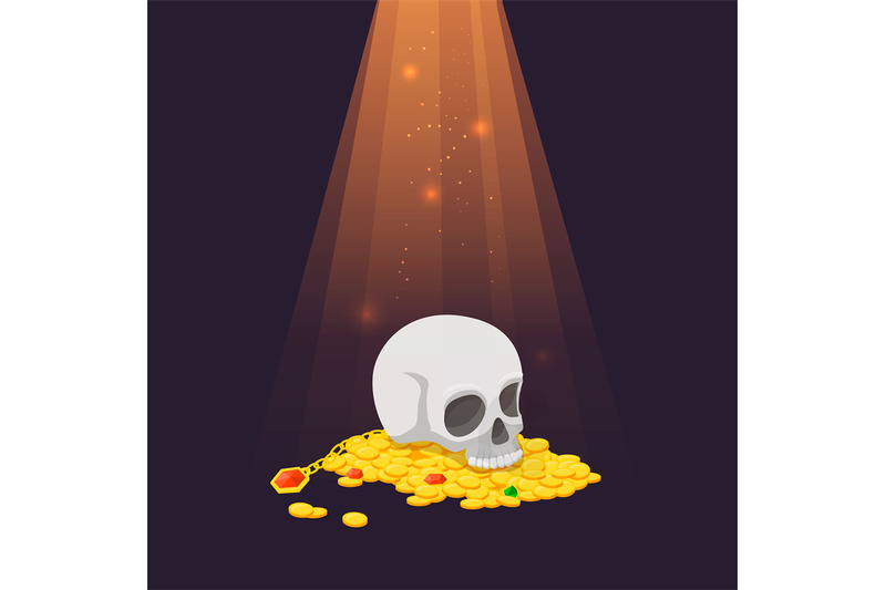 human-skull-on-gold-coins-pile-treasure-in-light-ray-with-glowing-fly