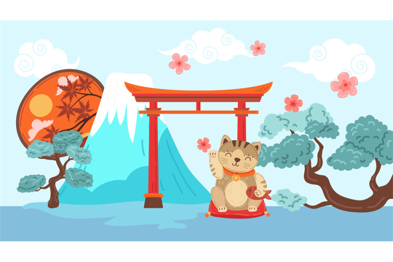 japan-traditional-elements-banner-neko-cat-and-gates-flying-sakura-f