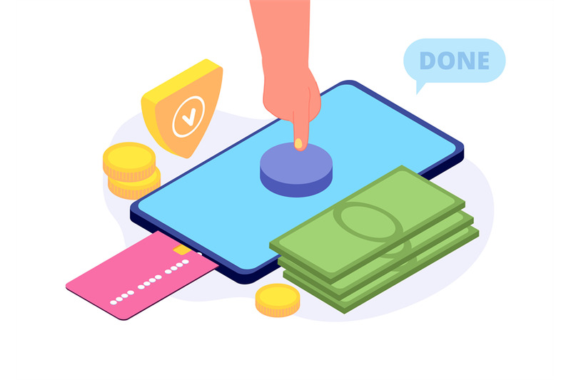 mobile-payments-hand-press-button-on-smartphone-screen-isometric-conc