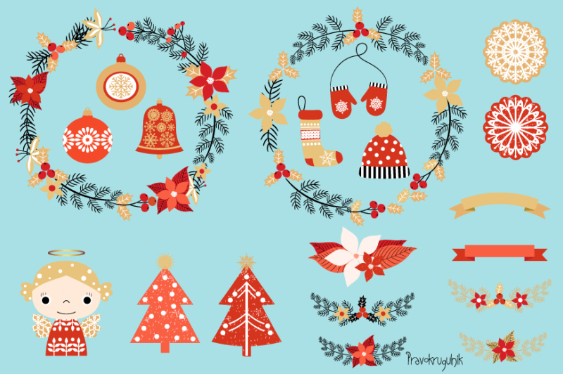 cute-christmas-clipart-set-christmas-wreaths-clipart-angel-tree-stocking-mittens-laurels-poinsettia