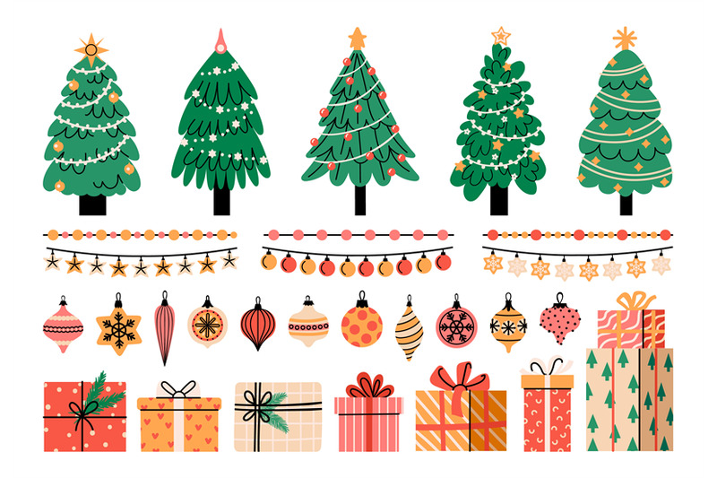 christmas-tree-decoration-kit-cartoon-flat-xmas-new-year-symbols-wrea