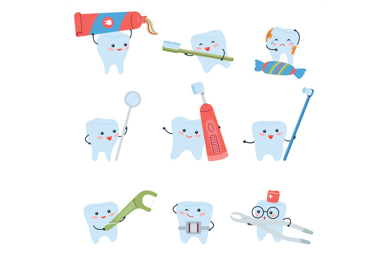 cartoon-teeth-and-tools-humorous-tooth-baby-kid-dentist-characters